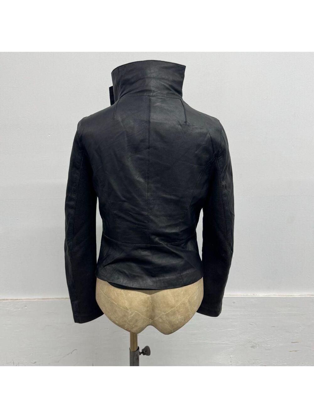 Vintage Black Funnel Neck Asymmetric Avant Garde Leather Jacket - Picture 2 of 7